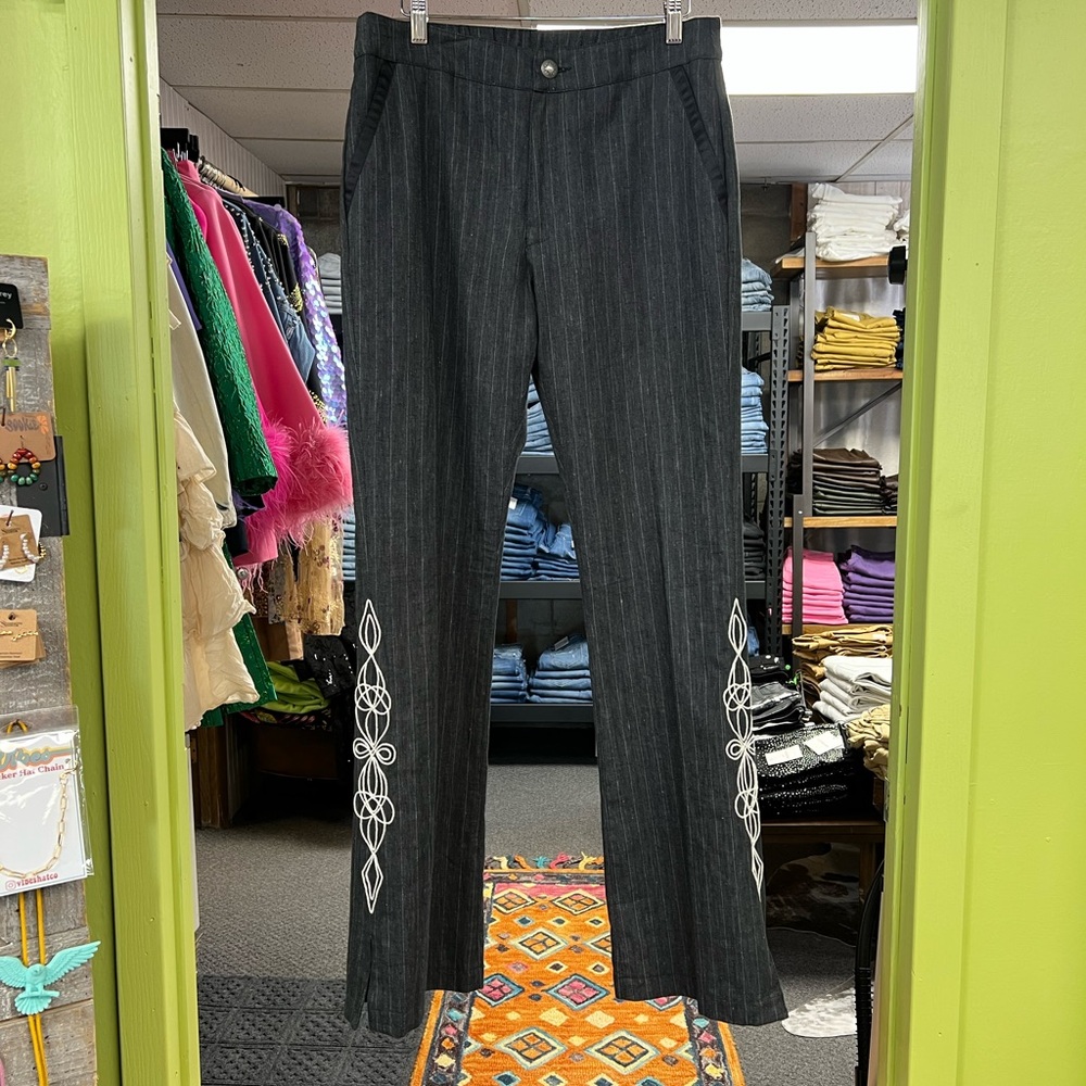 Double D Ranch Black Pinstripe Pants with White Embroidery